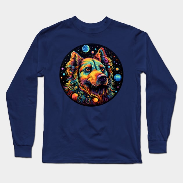 Colorful space dog with planets Long Sleeve T-Shirt by Unelmoija